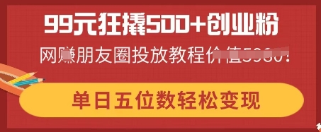 99元狂撬500+创业粉,单日五位数轻松变现,网创朋友圈投放教程-阿强资源站